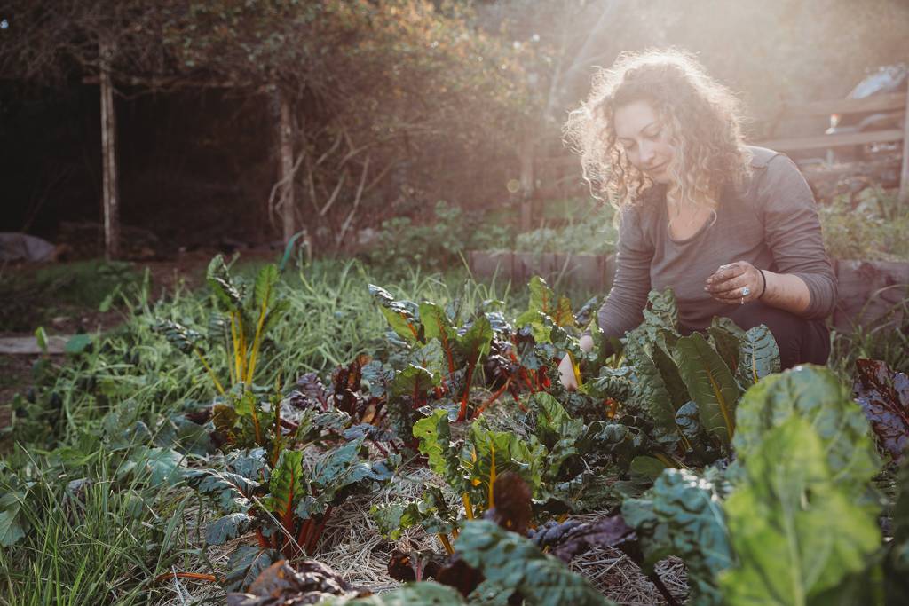 a woman kneeling down in the middle of a garden.