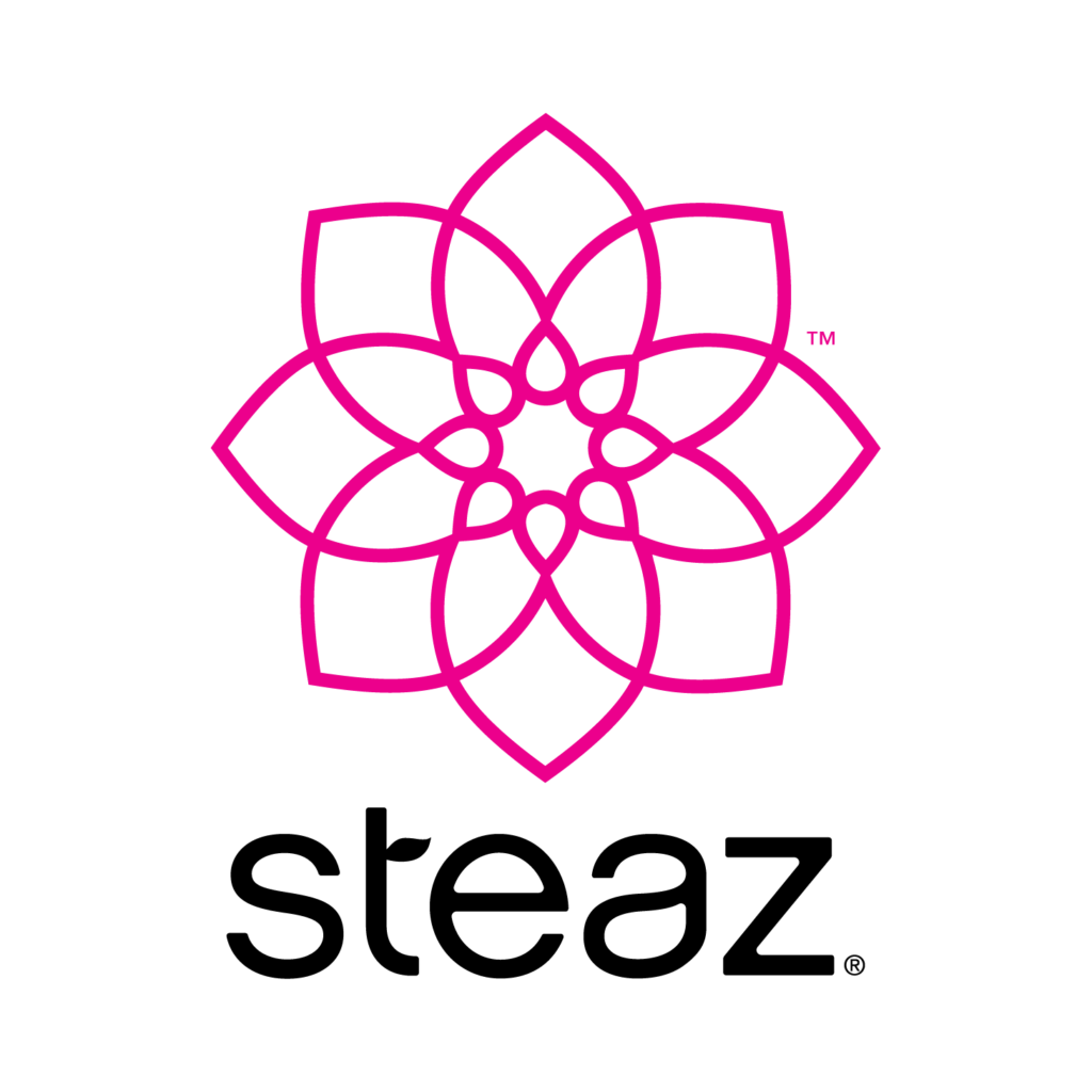 the steaz logo on a green background.