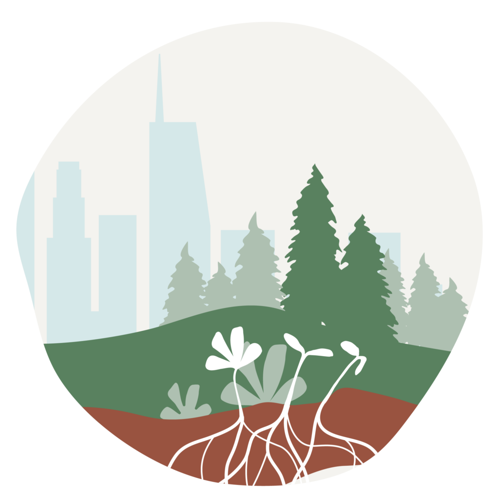 A regenerative agriculture scene featuring a tree in a field with a city skyline.
