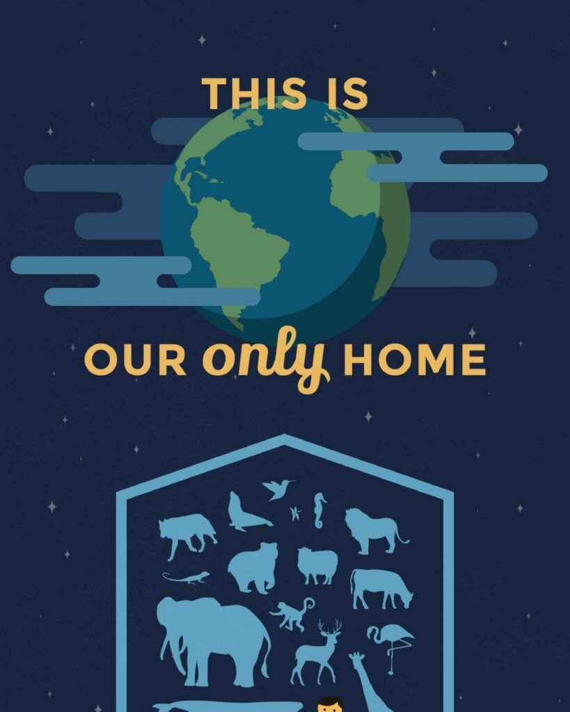 A poster promoting regenerative agriculture featuring animals with the message, this is our only home.