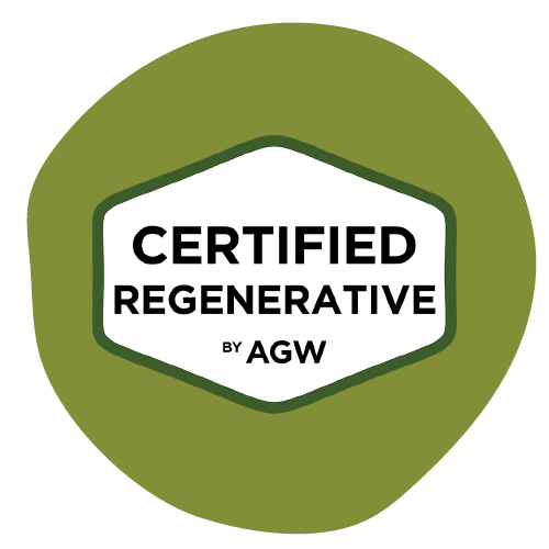 A certified regenerative green circle promoting regenerative agriculture.