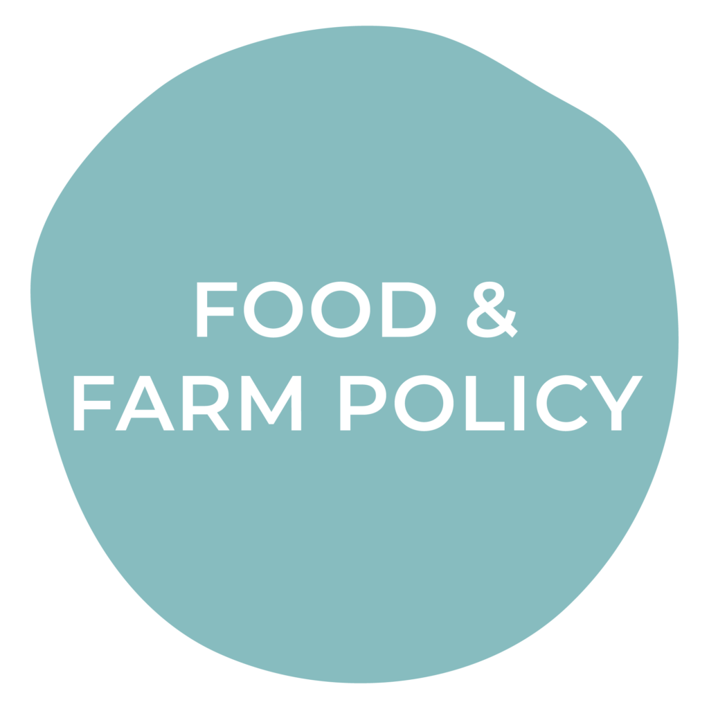 Blue circle with the words food and farm policy.