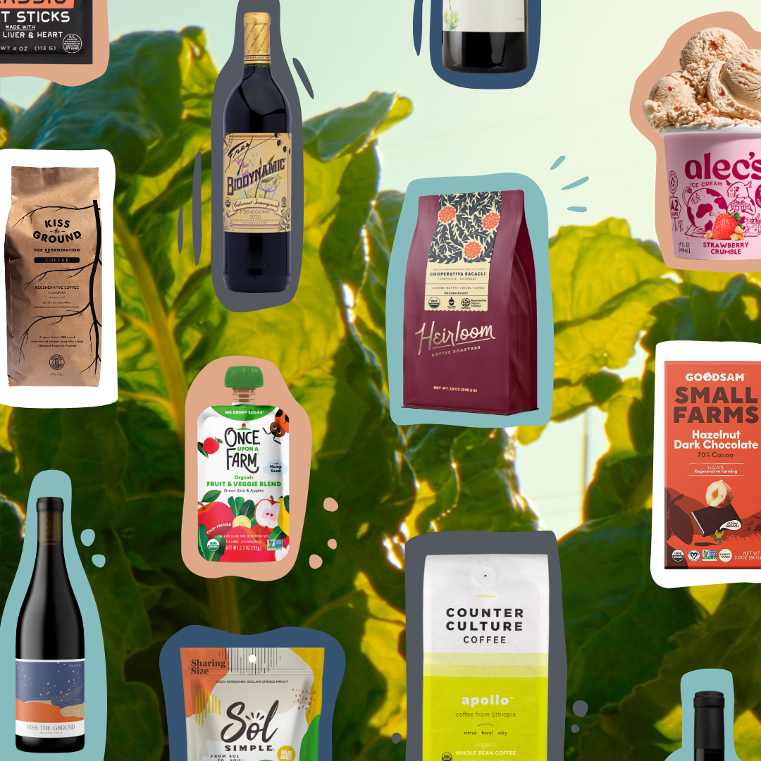 a display of products found within Kiss the Ground's Regenerative Purchasing Guides