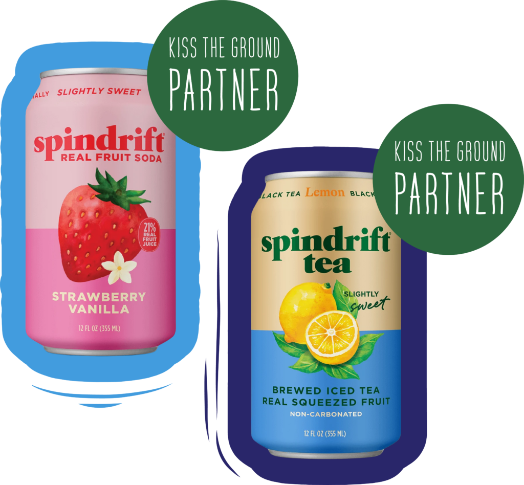 Spindrift soda and tea cans with Kiss the Ground Partner labels