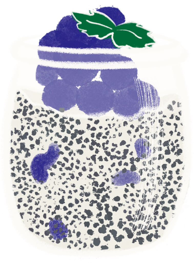 Illustration of a jar with chia seeds and blueberries
