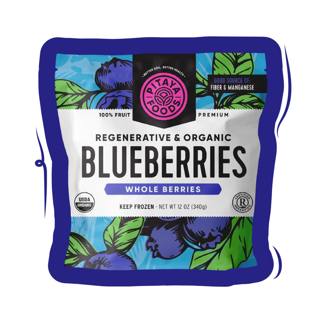 Pouch of Pitaya Foods Regenerative Frozen Blueberries